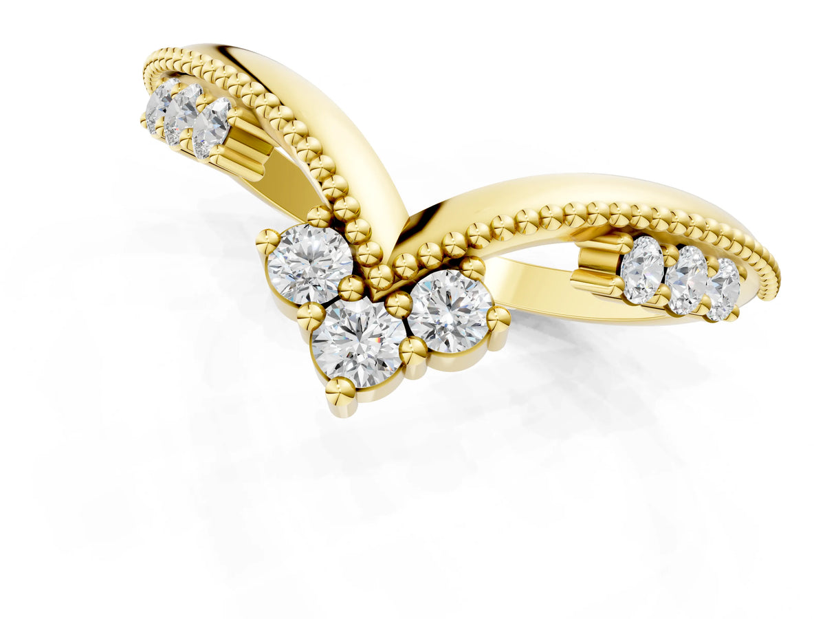 Yellow gold Diamond Chevron Milgrain Band with Round Cut Stones and Prong Setting_1