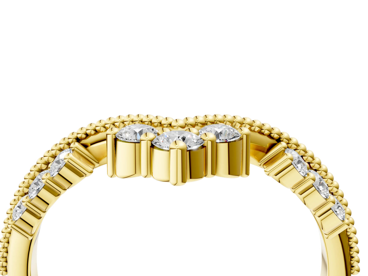 Yellow gold Diamond Chevron Milgrain Band with Round Cut Stones and Prong Setting_4