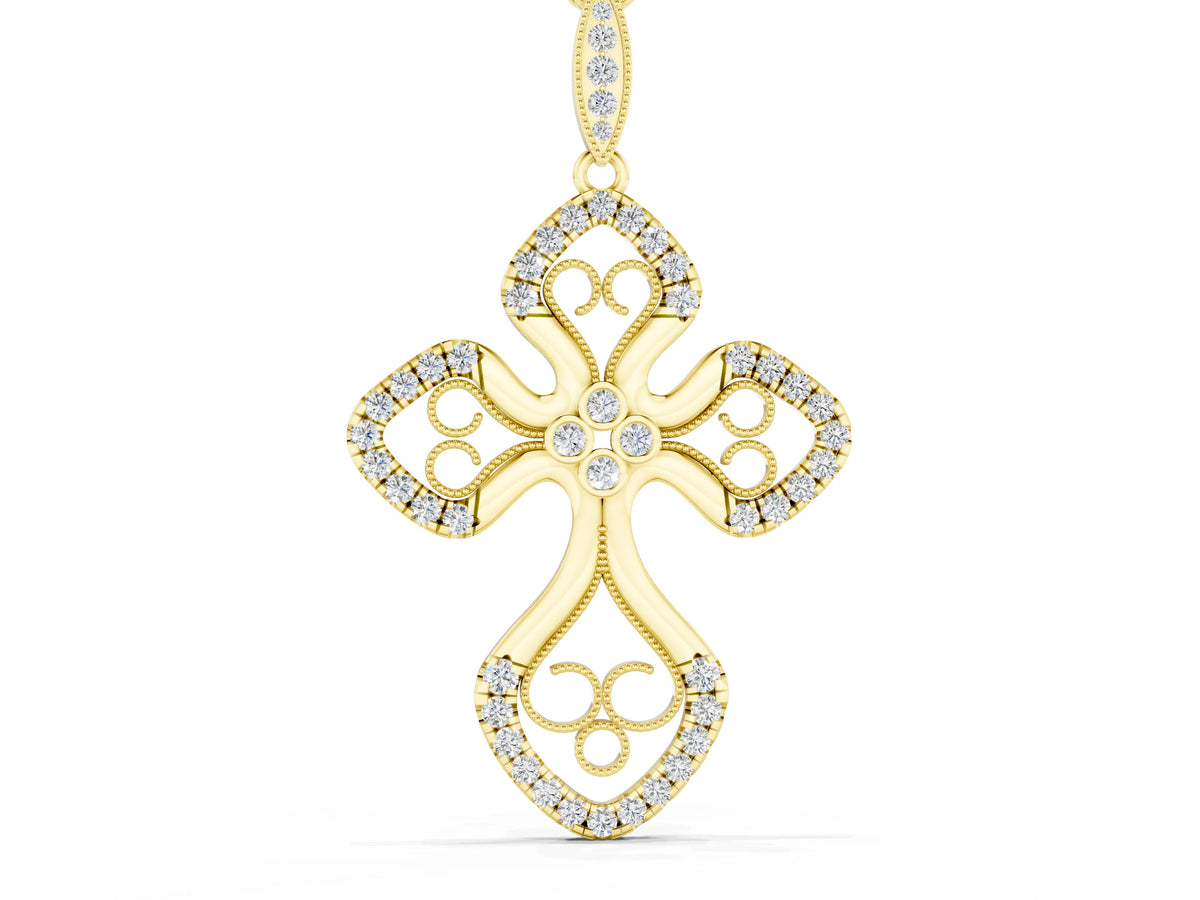 Yellow gold Diamond Pavé Round Milgrain Cross Pendant