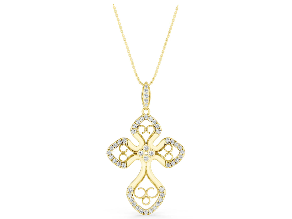 Yellow gold Diamond Pavé Round Milgrain Cross Pendant_1
