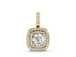 Yellow gold Double Halo Round Diamond Pendant with Pavé Setting and Prong Setting