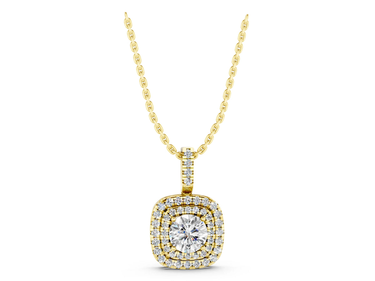 Yellow gold Double Halo Round Diamond Pendant with Pavé Setting and Prong Setting_1