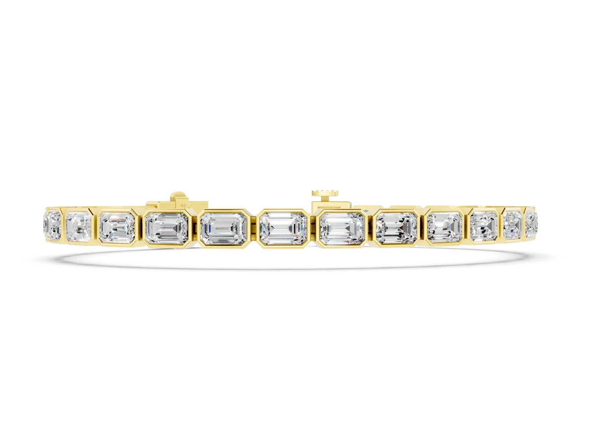 Yellow gold East-West Emerald Cut Diamond Tennis Bracelet with Bezel Setting