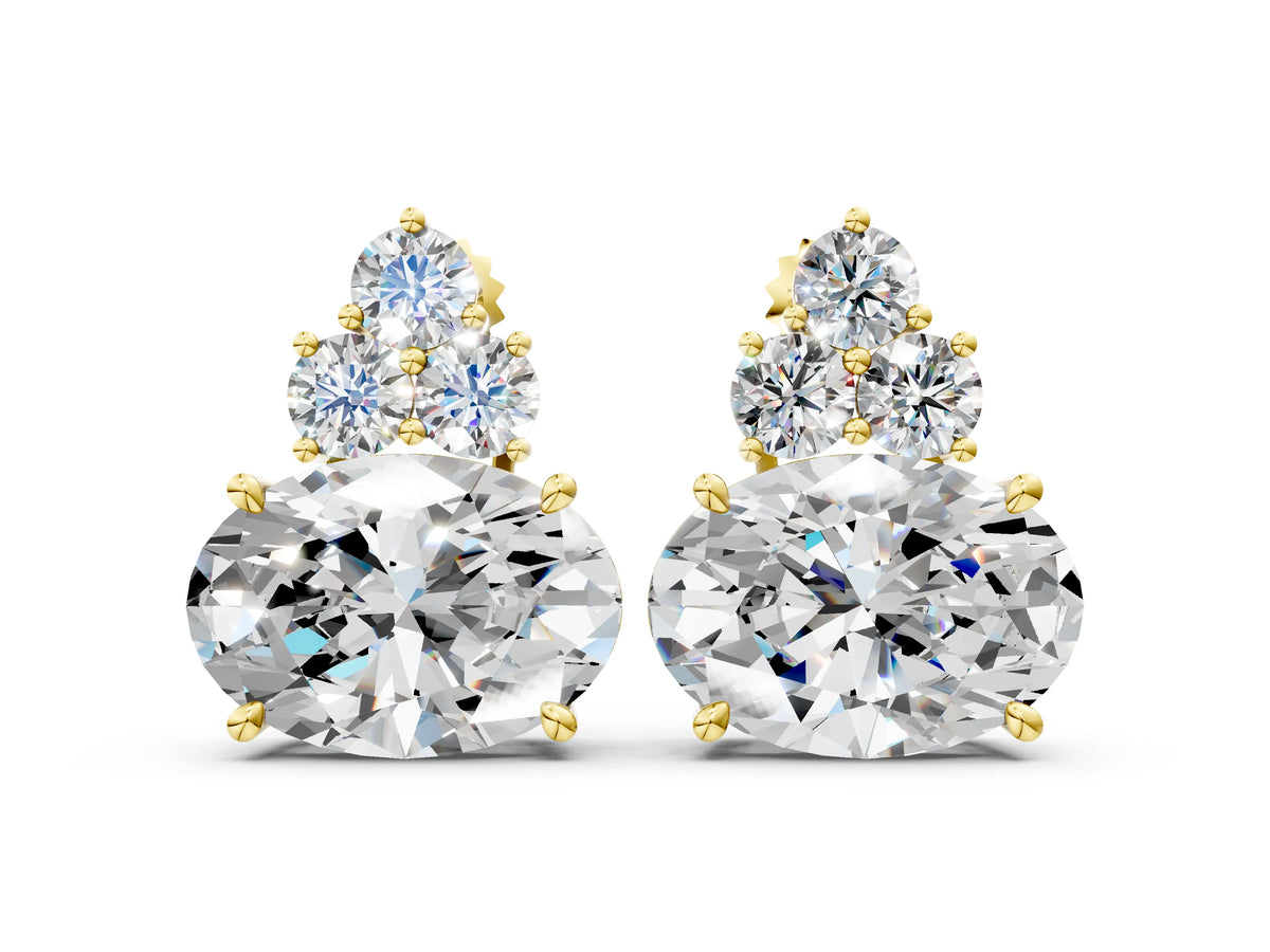 Yellow gold East-West Oval Diamond Cluster Stud Earrings with Round Diamond Accents