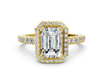 Yellow gold Emerald Cut Cut Diamond Halo Engagement Ring with Milgrain Detail and Pavé Band