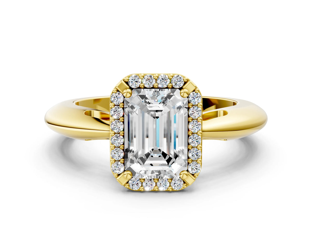 Yellow gold Emerald Cut Cut Diamond Halo Engagement Ring with Split Shank and Four-Prong Setting