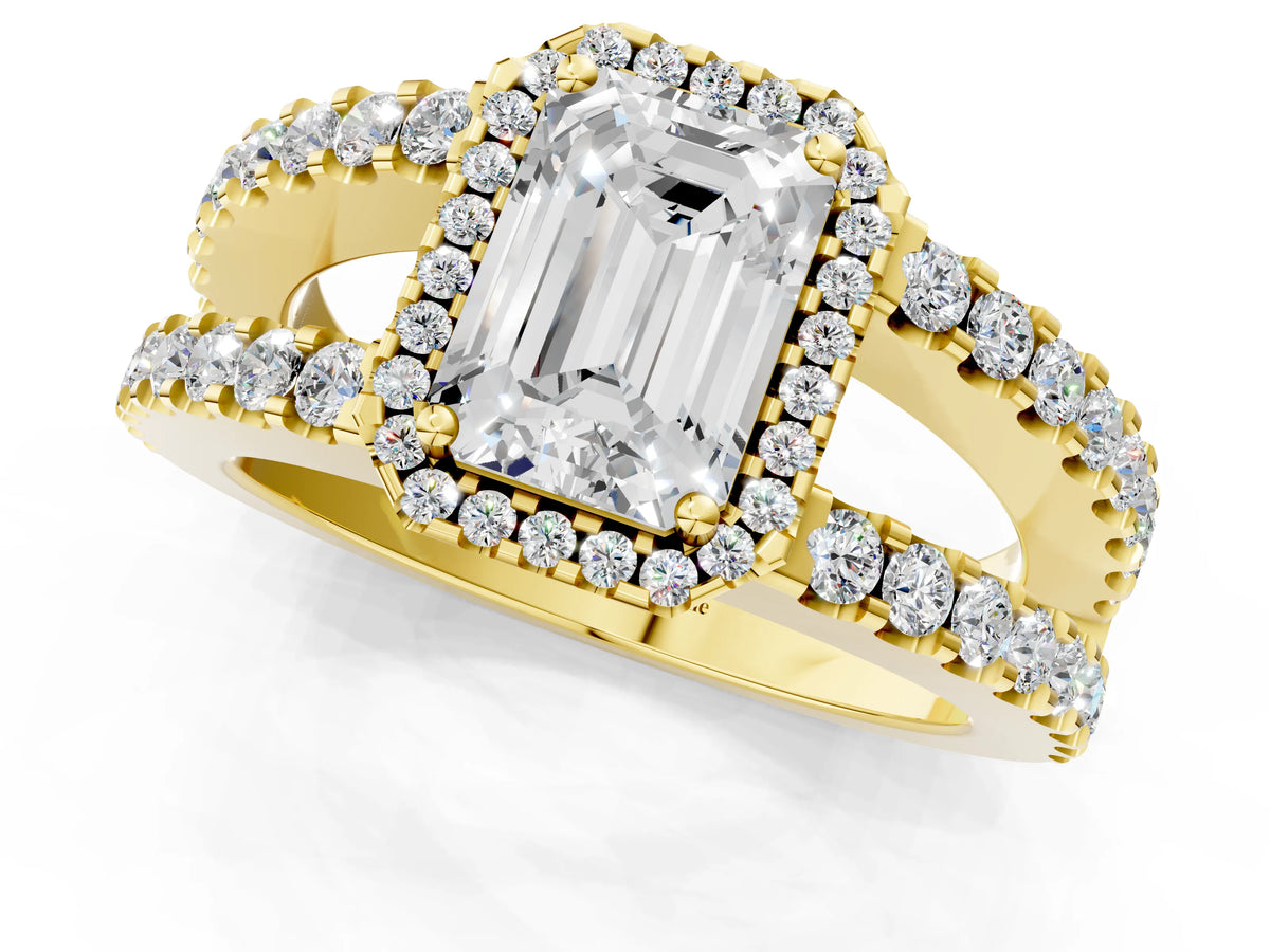 Yellow gold Emerald Cut Cut Halo Split Shank Diamond Ring with Four-Prong Setting_1
