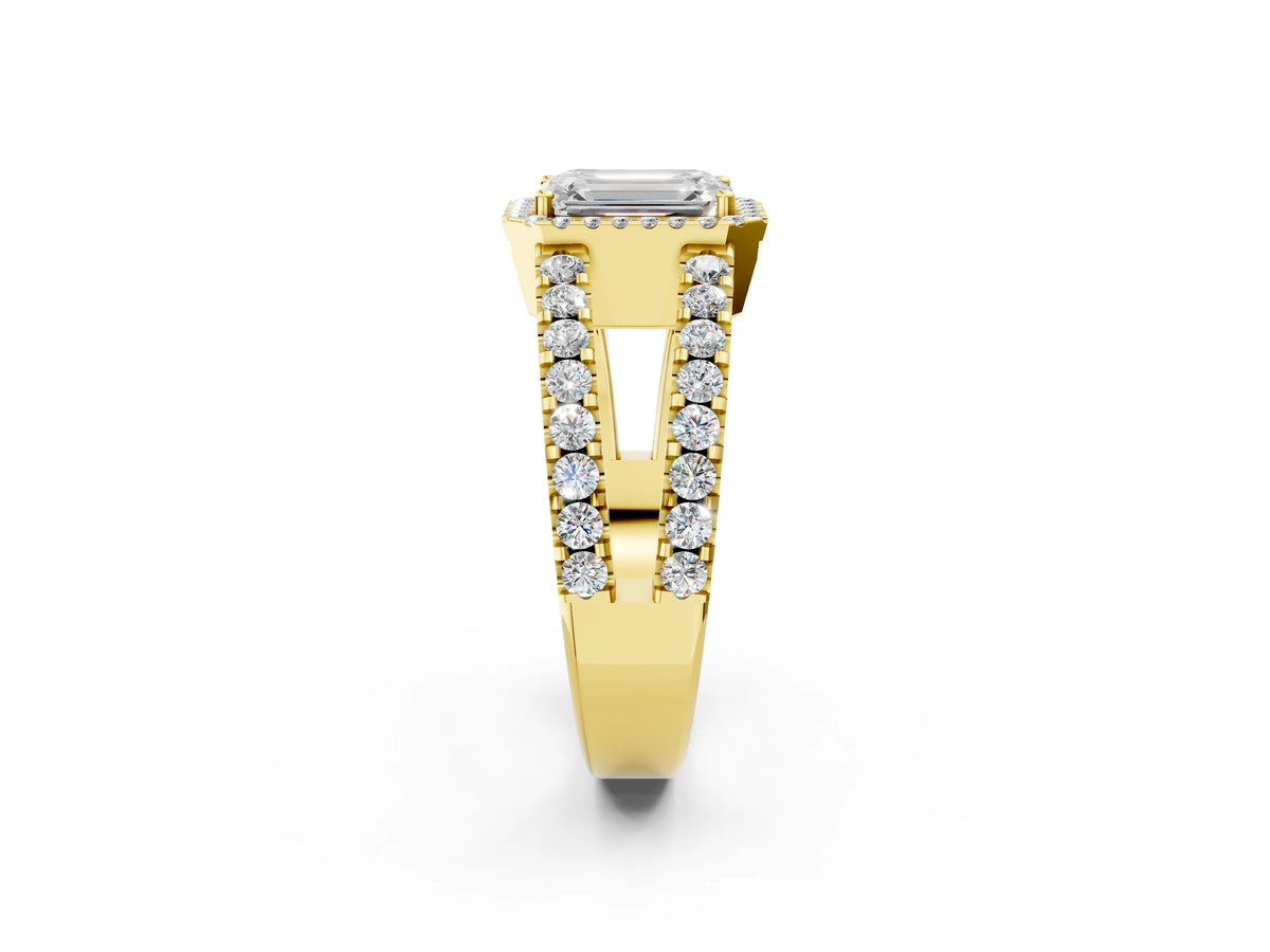 Yellow gold Emerald Cut Cut Halo Split Shank Diamond Ring with Four-Prong Setting_2