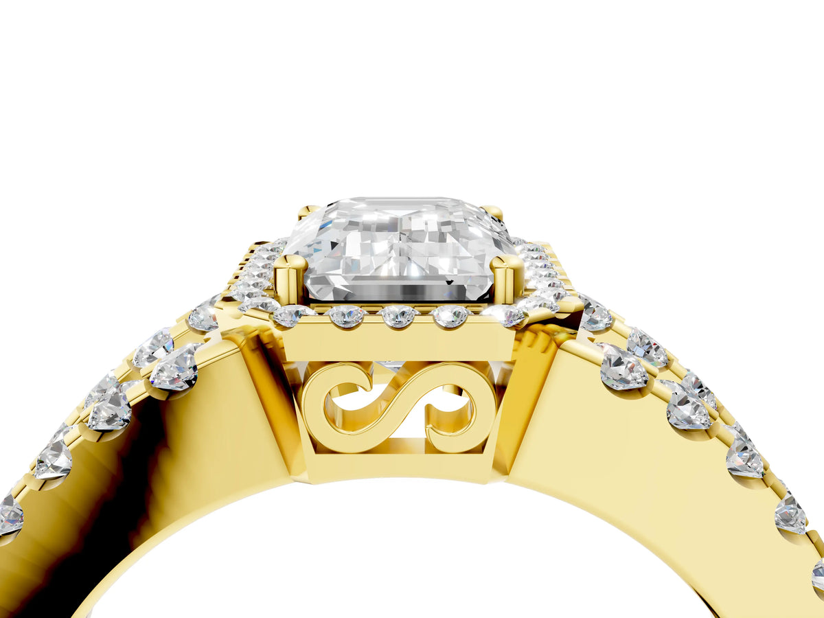 Yellow gold Emerald Cut Cut Halo Split Shank Diamond Ring with Four-Prong Setting_4