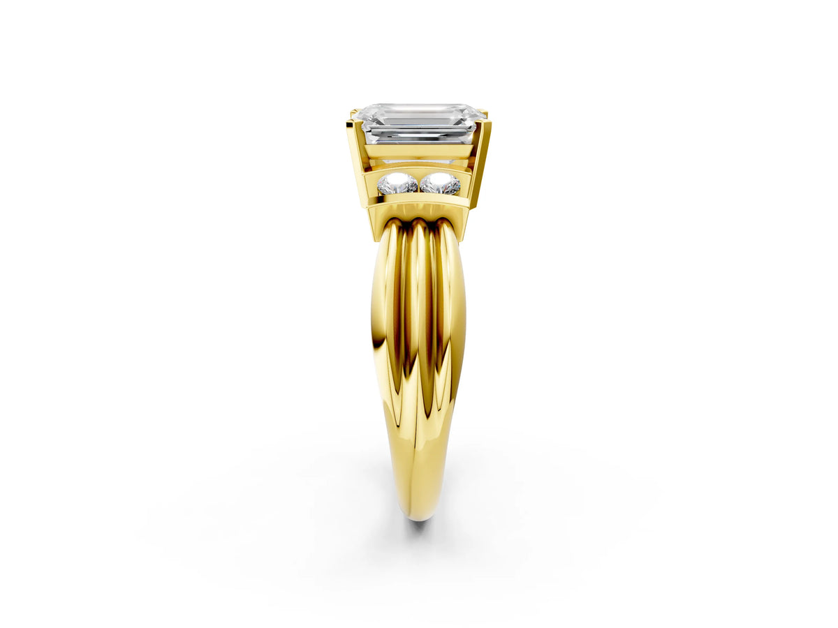 Yellow gold Emerald Cut Cut Three-Stone Channel Set Ring with Bar Prongs_2