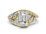 Yellow gold Emerald Cut Diamond Halo Ring with Marquise and Pavé Band in Prong Setting