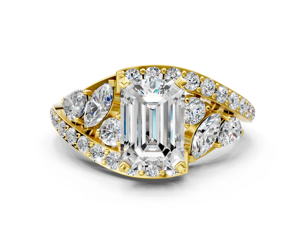 Yellow gold Emerald Cut Diamond Halo Ring with Marquise and Pavé Band in Prong Setting