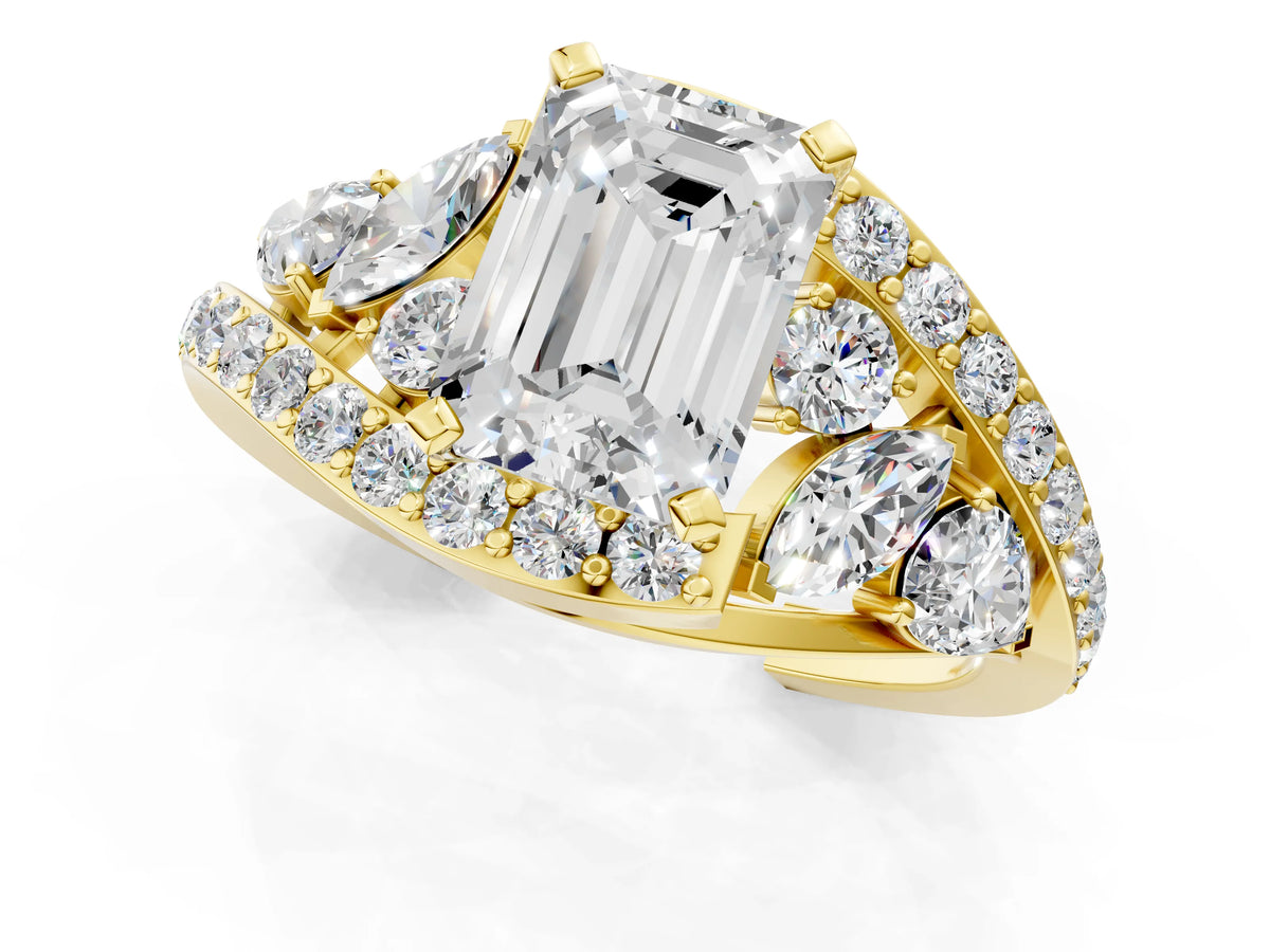 Yellow gold Emerald Cut Diamond Halo Ring with Marquise and Pavé Band in Prong Setting_1