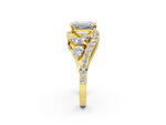Yellow gold Emerald Cut Diamond Halo Ring with Marquise and Pavé Band in Prong Setting_2