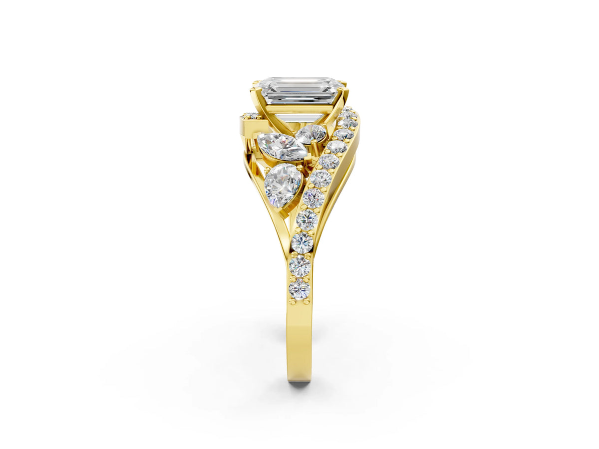 Yellow gold Emerald Cut Diamond Halo Ring with Marquise and Pavé Band in Prong Setting_2
