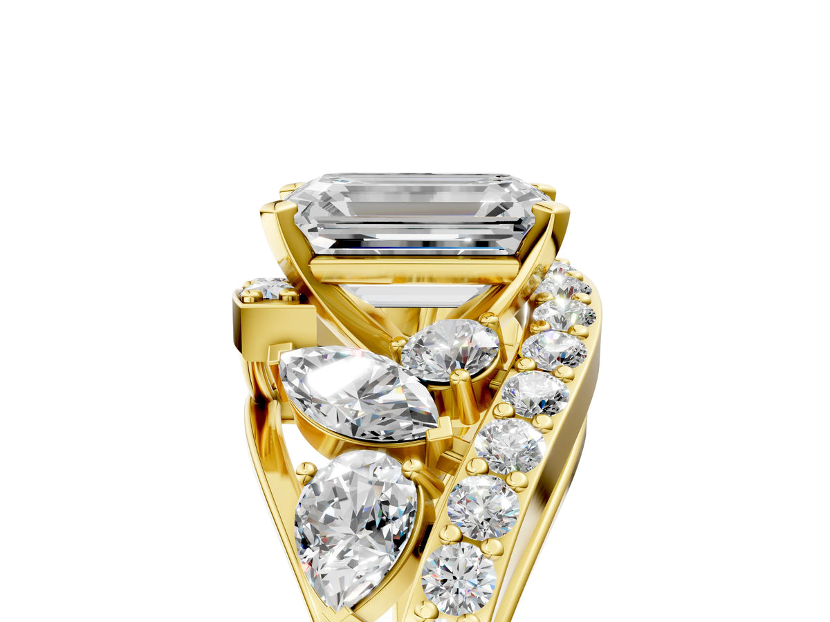 Yellow gold Emerald Cut Diamond Halo Ring with Marquise and Pavé Band in Prong Setting_5