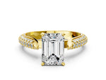 Yellow gold Emerald Cut Diamond Solitaire Engagement Ring with Multi-Row Round Pavé Band and Prong Setting