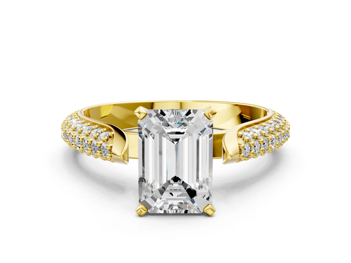 Yellow gold Emerald Cut Diamond Solitaire Engagement Ring with Multi-Row Round Pavé Band and Prong Setting