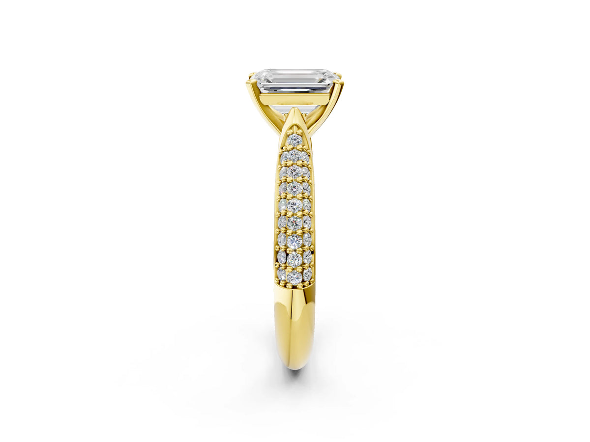 Yellow gold Emerald Cut Diamond Solitaire Engagement Ring with Multi-Row Round Pavé Band and Prong Setting_2