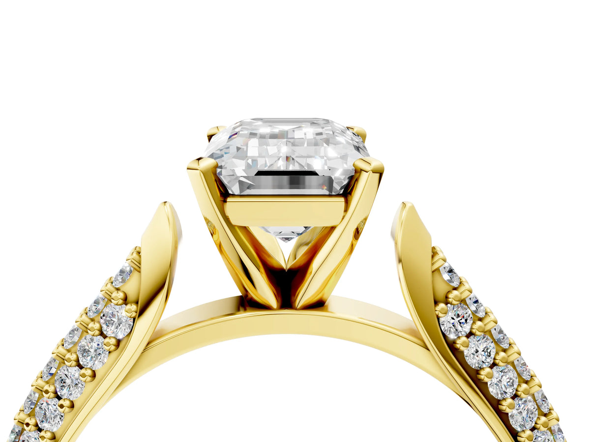 Yellow gold Emerald Cut Diamond Solitaire Engagement Ring with Multi-Row Round Pavé Band and Prong Setting_4