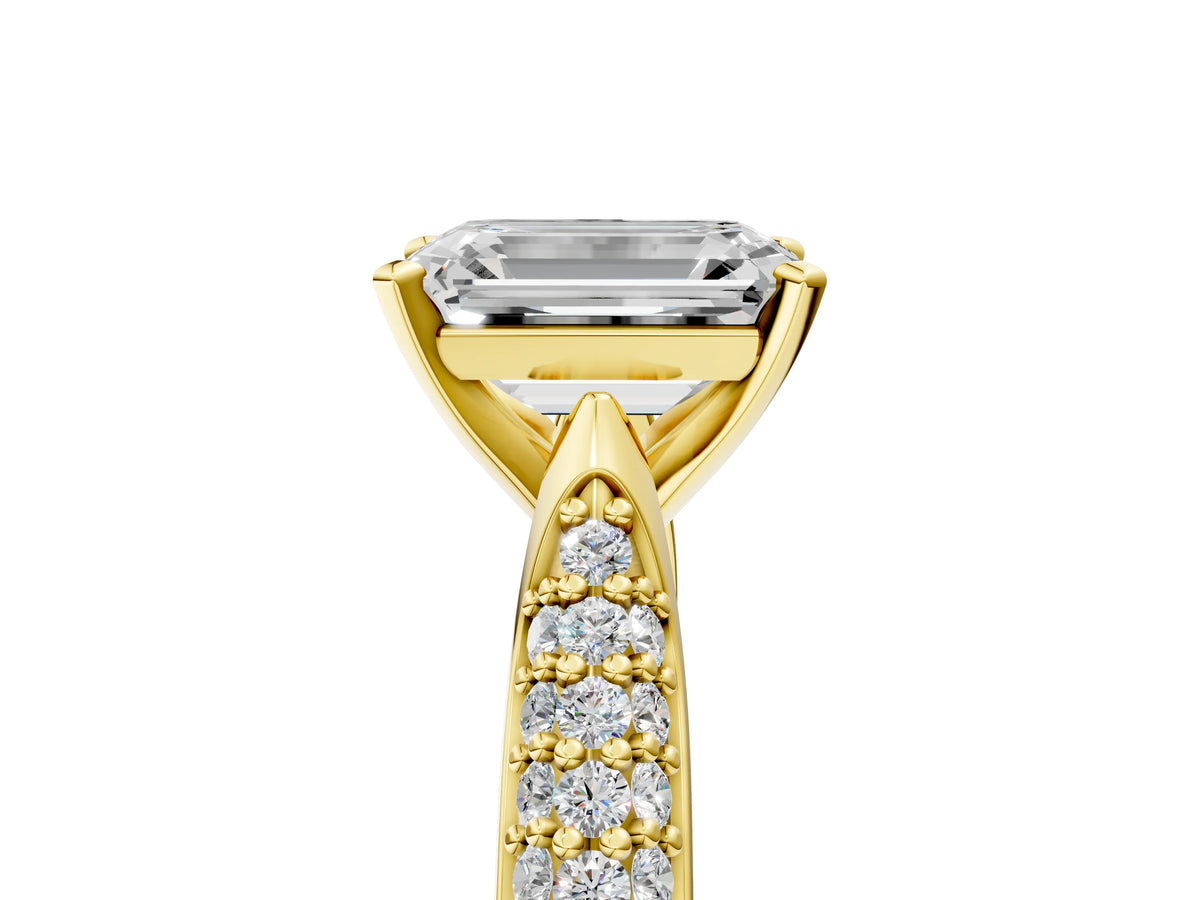 Yellow gold Emerald Cut Diamond Solitaire Engagement Ring with Multi-Row Round Pavé Band and Prong Setting_5