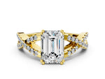 Yellow gold Emerald Cut Diamond Solitaire Ring with Four-Prong Setting and Twisted Pavé Band