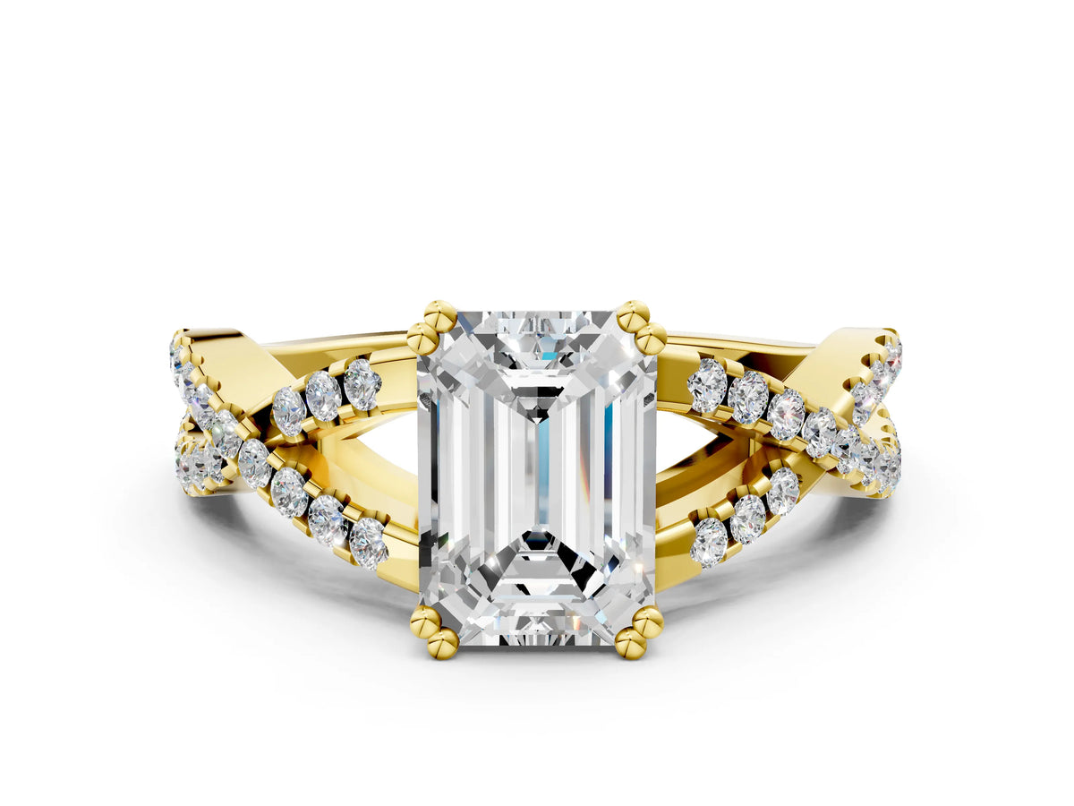 Yellow gold Emerald Cut Diamond Solitaire Ring with Four-Prong Setting and Twisted Pavé Band