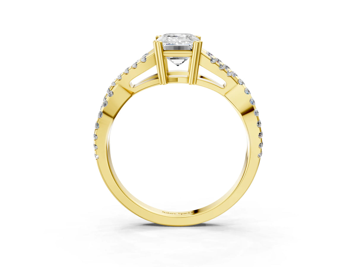 Yellow gold Emerald Cut Diamond Solitaire Ring with Four-Prong Setting and Twisted Pavé Band_3