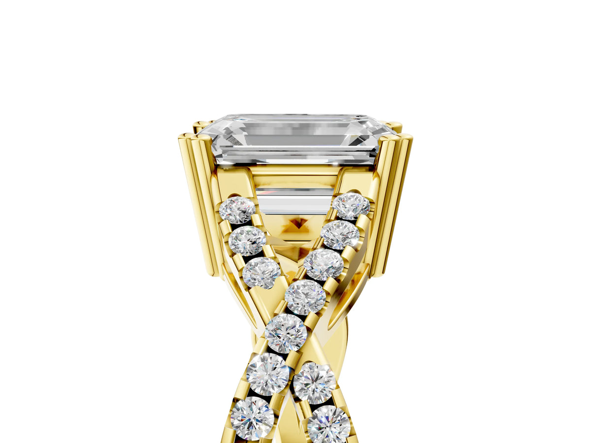 Yellow gold Emerald Cut Diamond Solitaire Ring with Four-Prong Setting and Twisted Pavé Band_5