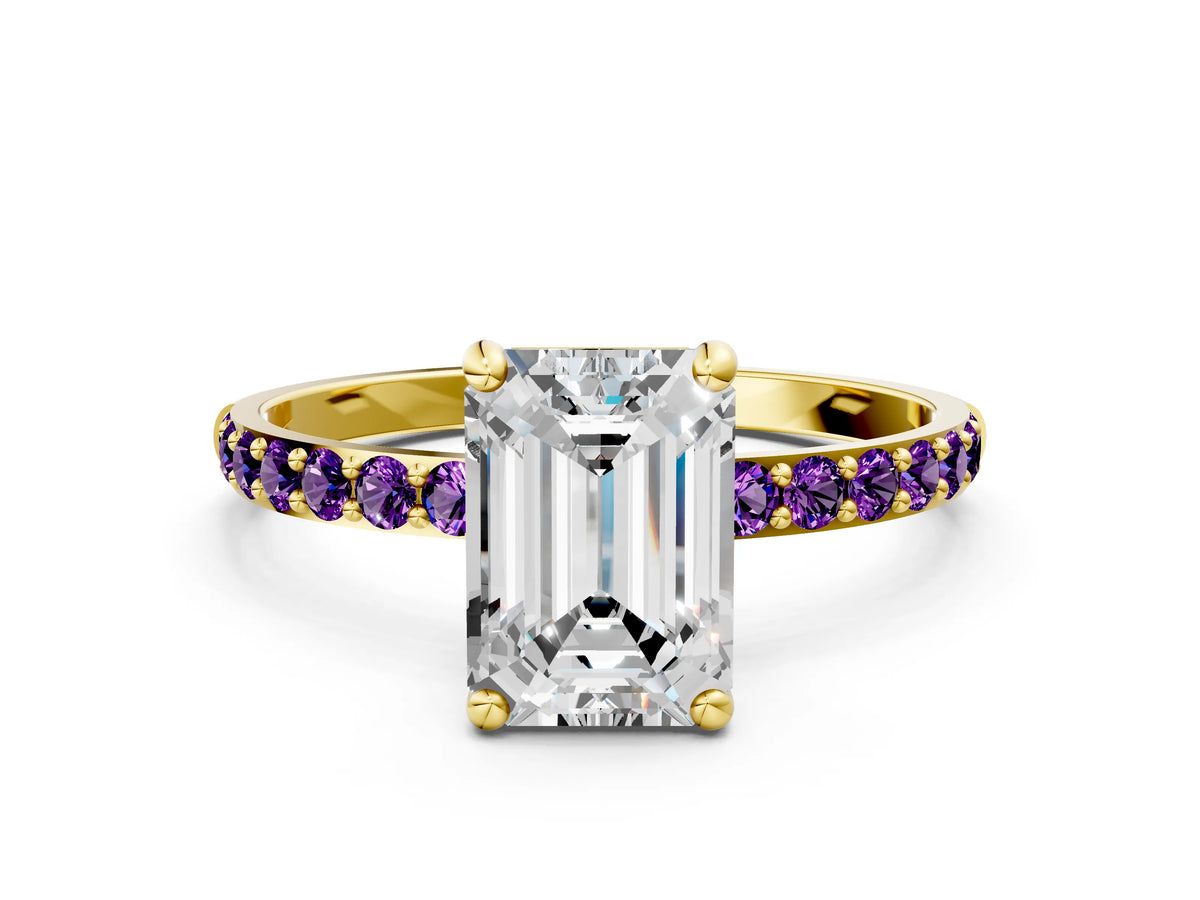 Yellow gold Emerald Cut Diamond Solitaire Ring with Round Amethyst Pavé Band and Prong Setting
