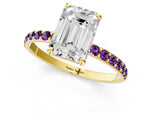 Yellow gold Emerald Cut Diamond Solitaire Ring with Round Amethyst Pavé Band and Prong Setting_1