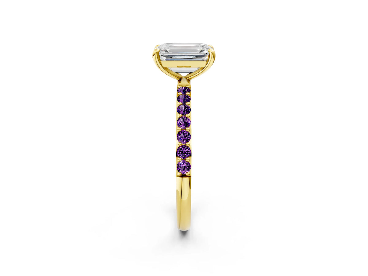 Yellow gold Emerald Cut Diamond Solitaire Ring with Round Amethyst Pavé Band and Prong Setting_2