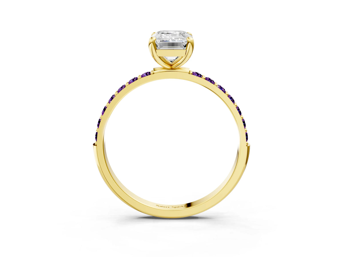 Yellow gold Emerald Cut Diamond Solitaire Ring with Round Amethyst Pavé Band and Prong Setting_3