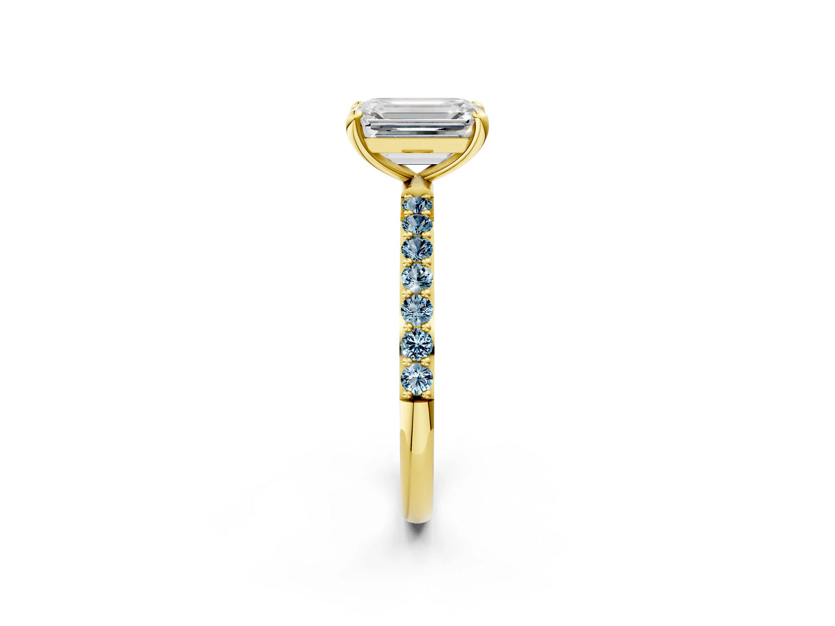 Yellow gold Emerald Cut Diamond Solitaire Ring with Round Aquamarine Pavé Band and Prong Setting_2