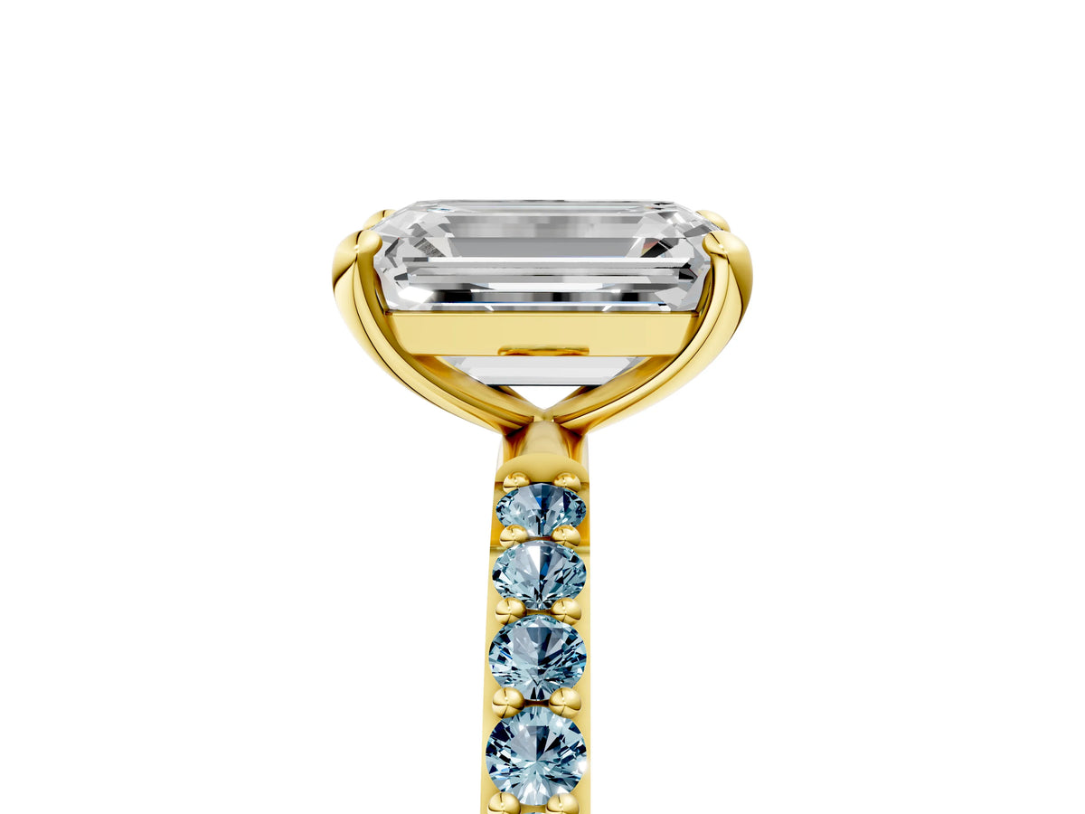Yellow gold Emerald Cut Diamond Solitaire Ring with Round Aquamarine Pavé Band and Prong Setting_5