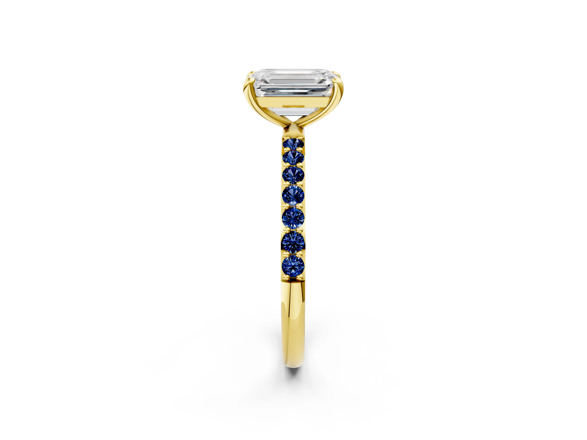 Yellow gold Emerald Cut Diamond Solitaire Ring with Round Blue Sapphire Pavé Band and Prong Setting_2