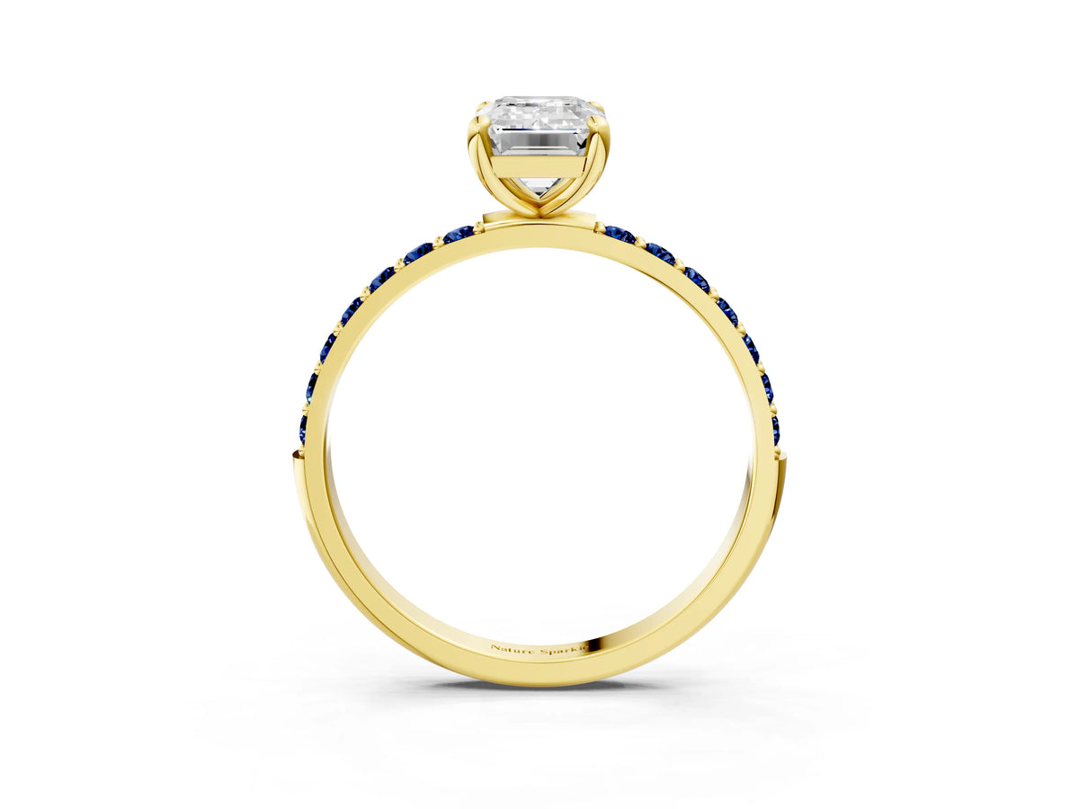 Yellow gold Emerald Cut Diamond Solitaire Ring with Round Blue Sapphire Pavé Band and Prong Setting_3