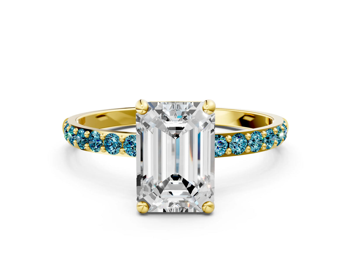 Yellow gold Emerald Cut Diamond Solitaire Ring with Round Blue Topaz Pavé Band and Prong Setting
