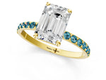 Yellow gold Emerald Cut Diamond Solitaire Ring with Round Blue Topaz Pavé Band and Prong Setting_1