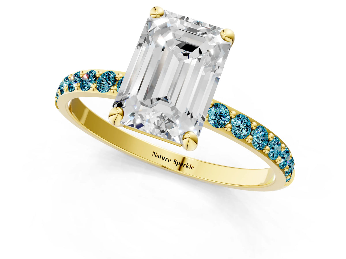 Yellow gold Emerald Cut Diamond Solitaire Ring with Round Blue Topaz Pavé Band and Prong Setting_1