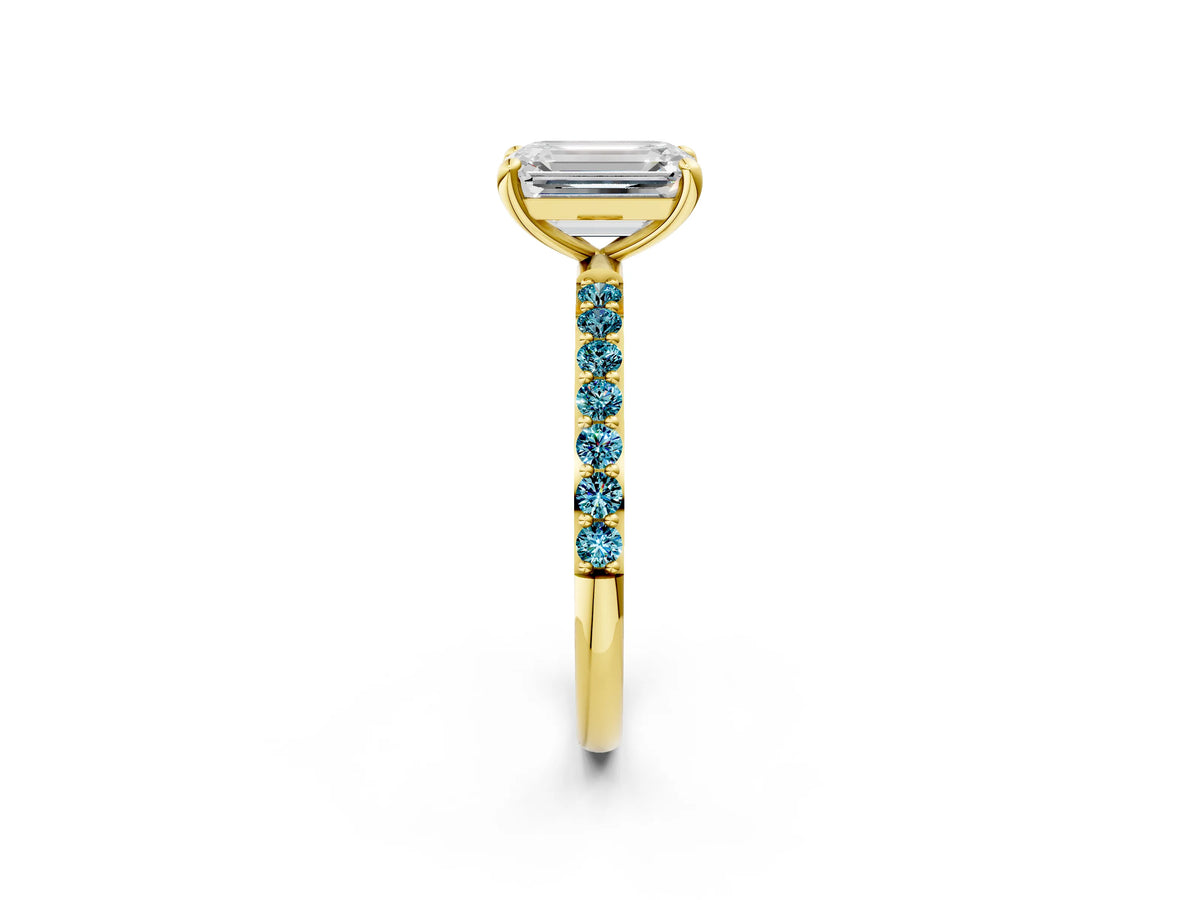 Yellow gold Emerald Cut Diamond Solitaire Ring with Round Blue Topaz Pavé Band and Prong Setting_2