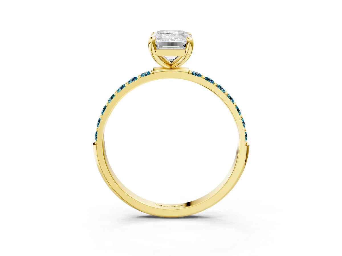 Yellow gold Emerald Cut Diamond Solitaire Ring with Round Blue Topaz Pavé Band and Prong Setting_3