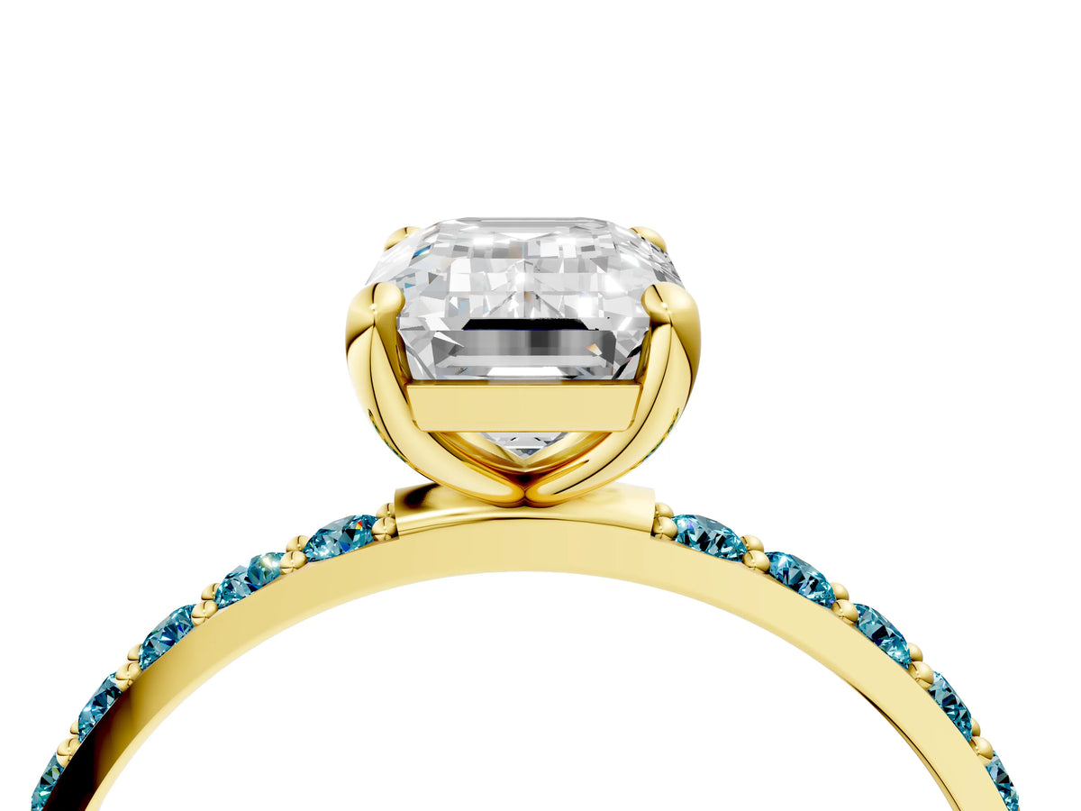Yellow gold Emerald Cut Diamond Solitaire Ring with Round Blue Topaz Pavé Band and Prong Setting_4