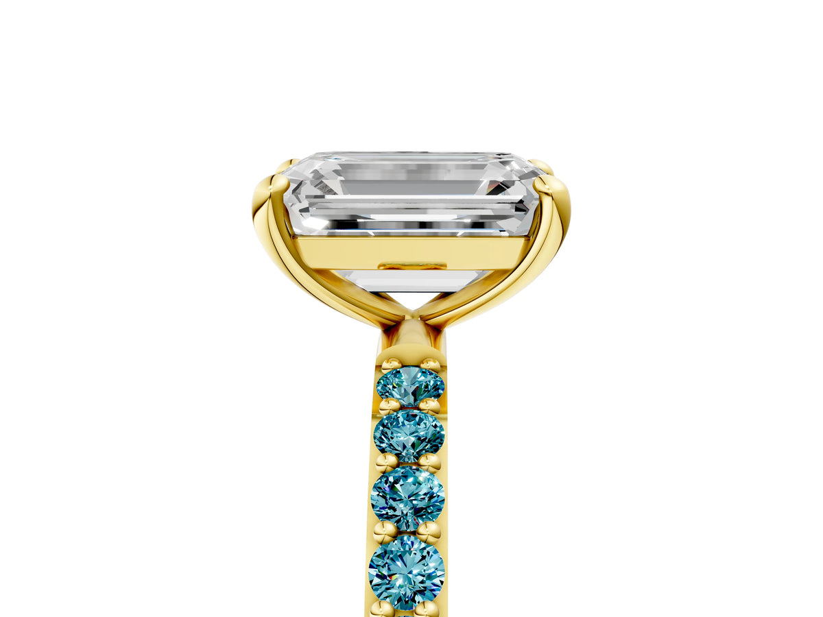Yellow gold Emerald Cut Diamond Solitaire Ring with Round Blue Topaz Pavé Band and Prong Setting_5
