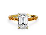 Yellow gold Emerald Cut Diamond Solitaire Ring with Round Citrine Pavé Band and Prong Setting