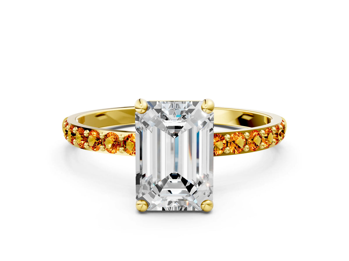 Yellow gold Emerald Cut Diamond Solitaire Ring with Round Citrine Pavé Band and Prong Setting