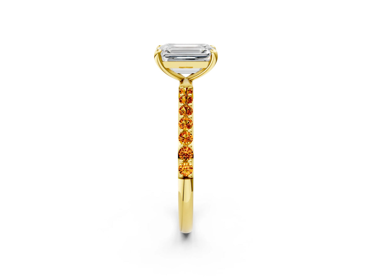 Yellow gold Emerald Cut Diamond Solitaire Ring with Round Citrine Pavé Band and Prong Setting_2