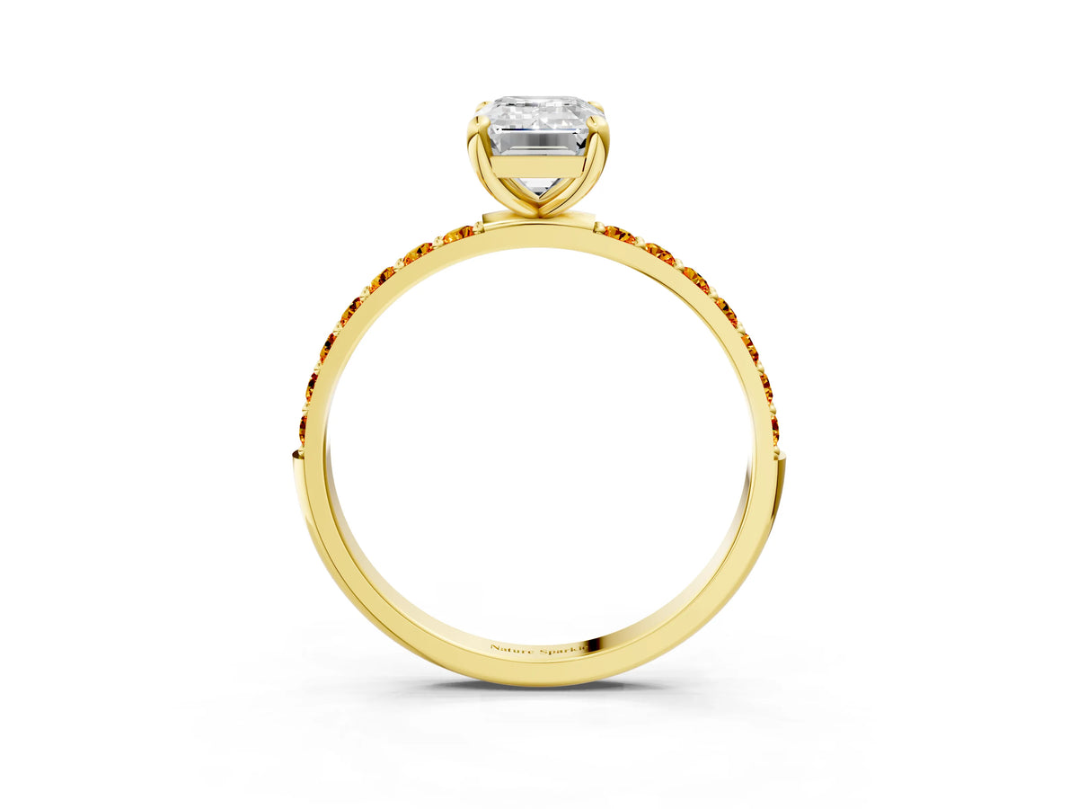 Yellow gold Emerald Cut Diamond Solitaire Ring with Round Citrine Pavé Band and Prong Setting_3