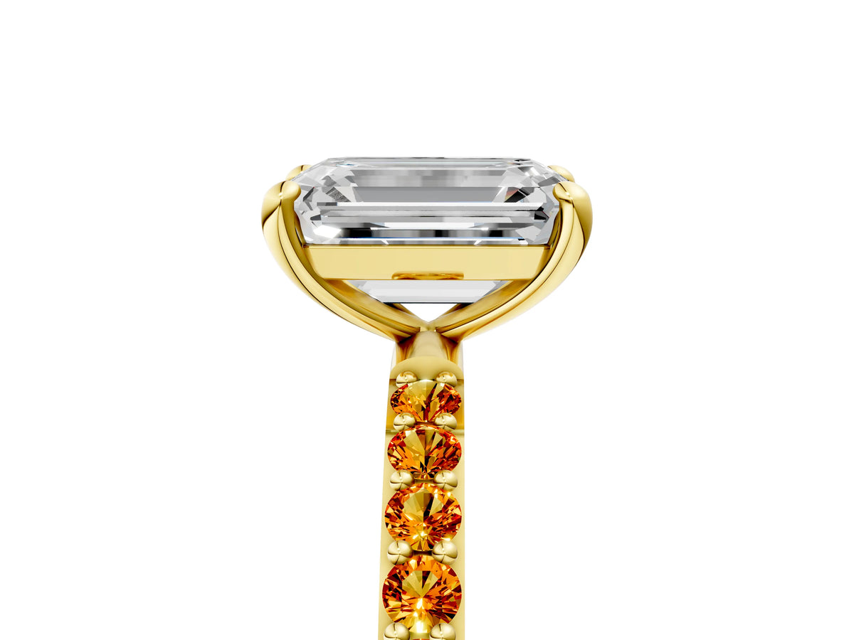 Yellow gold Emerald Cut Diamond Solitaire Ring with Round Citrine Pavé Band and Prong Setting_5