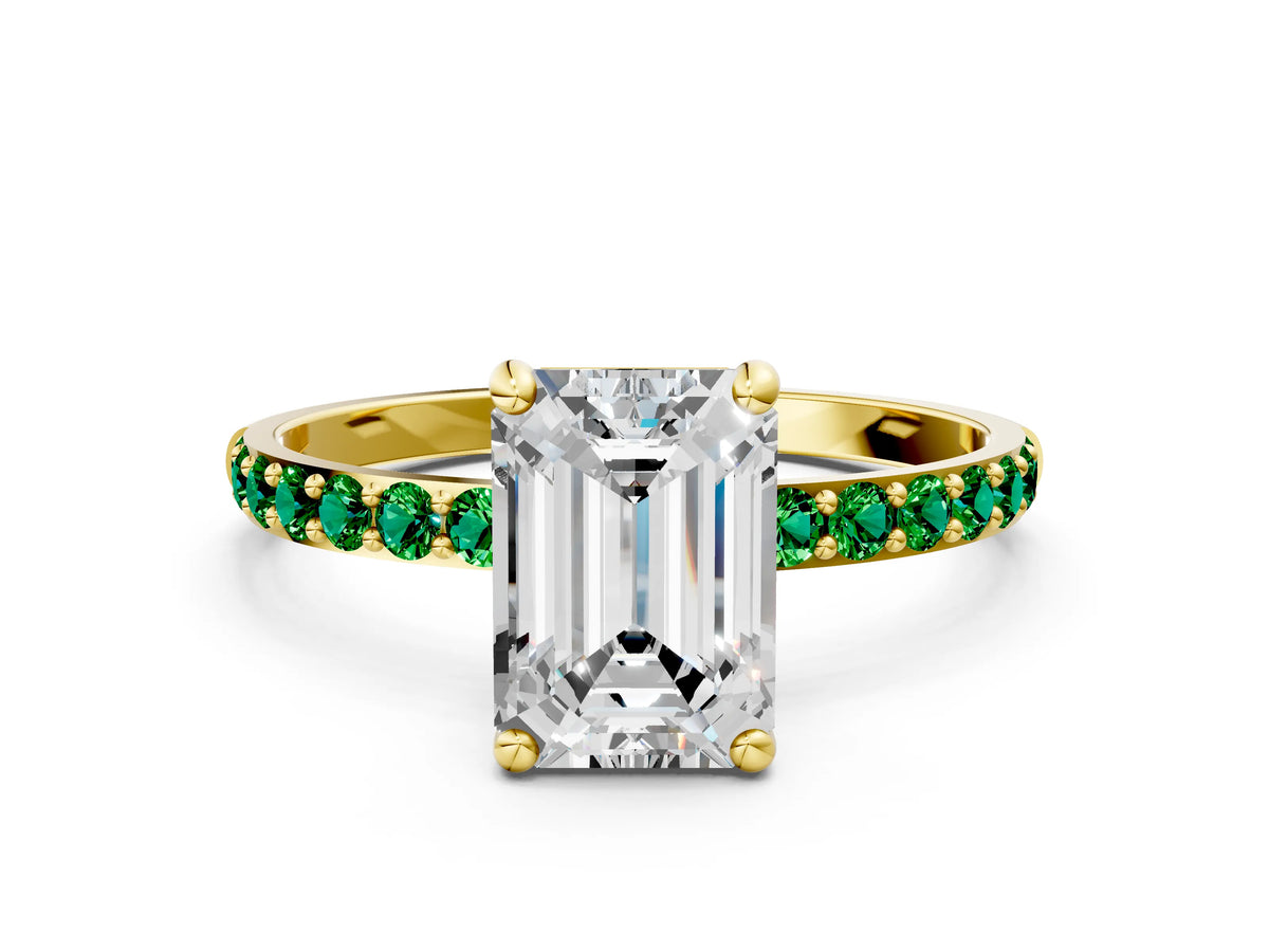 Yellow gold Emerald Cut Diamond Solitaire Ring with Round Emerald Pavé Band and Prong Setting